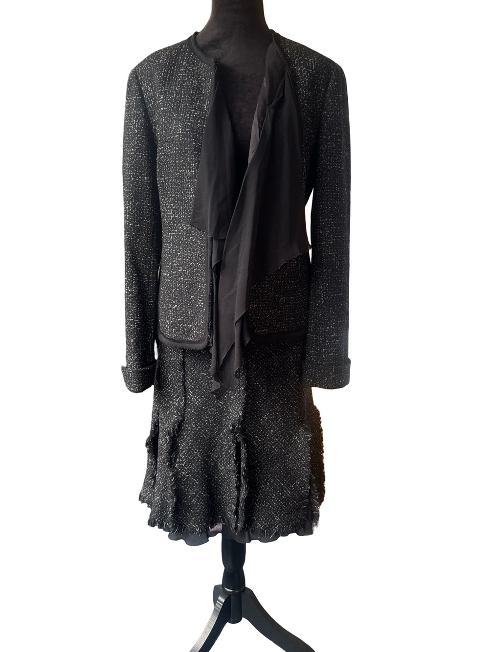 LAFAYETTE 148 New York Speckled Tweed Fringe Blazer Suit Jacket Skirt Set 8/10